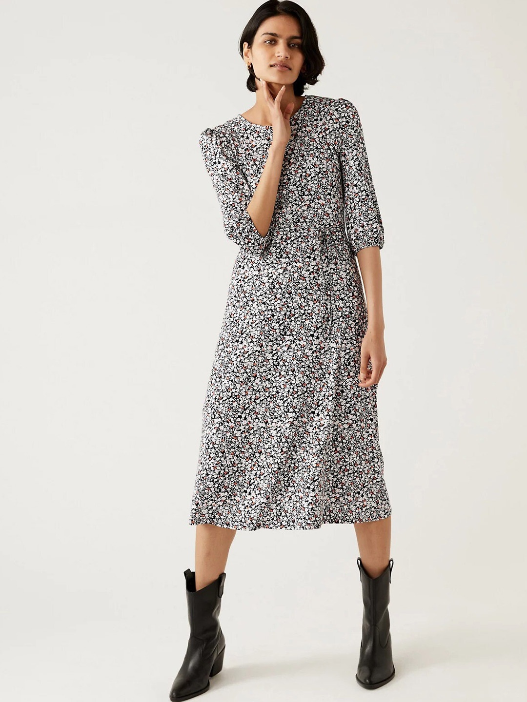 

Marks & Spencer Floral Print Puff Sleeves A-Line Midi Dress, Black