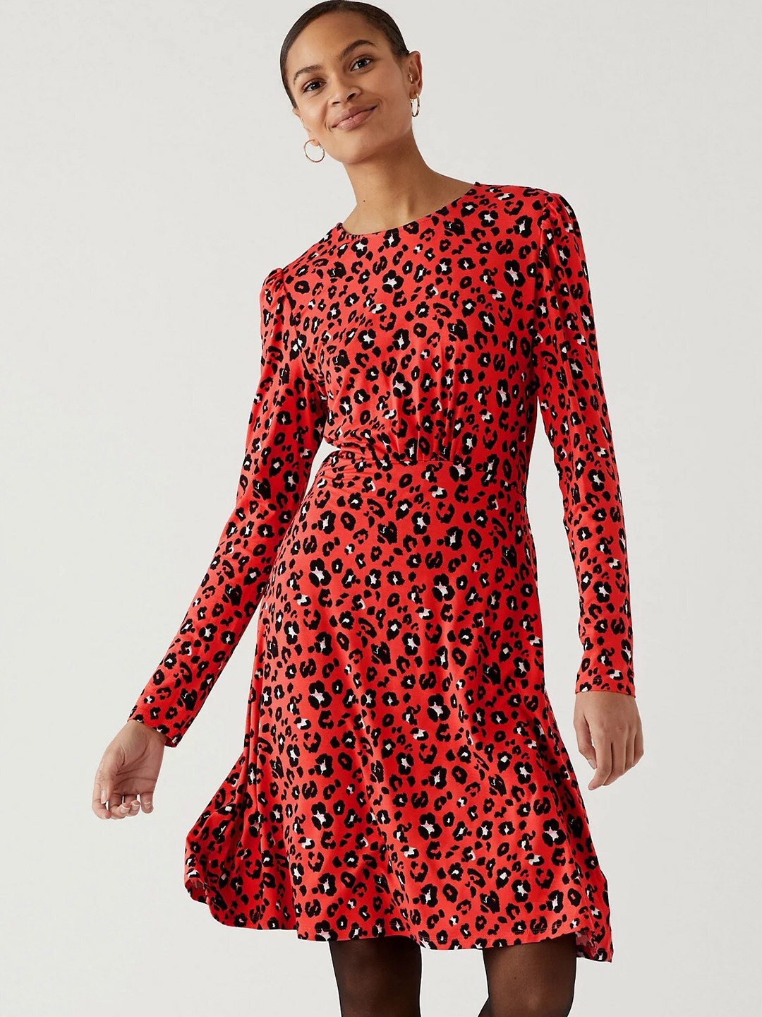 

Marks & Spencer Animal Printed Puff Sleeve Fit & Flare Dress, Red