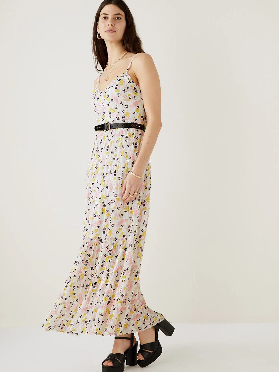 

Marks & Spencer Floral Print Shoulder Strap Fit & Flare Maxi Dress, Off white