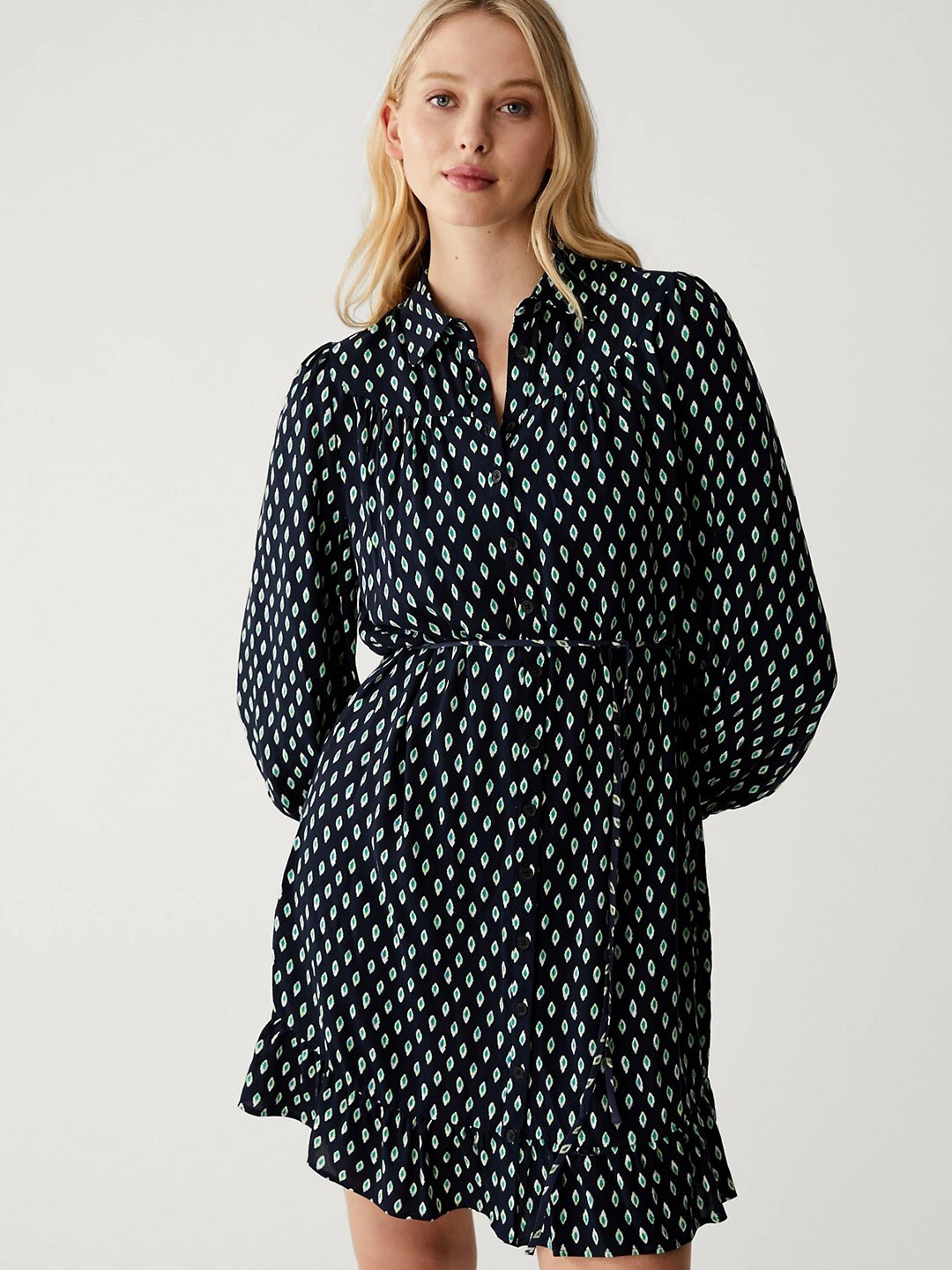 

Marks & Spencer Floral Printed Cuffed Sleeves Shirt Style Dress, Navy blue