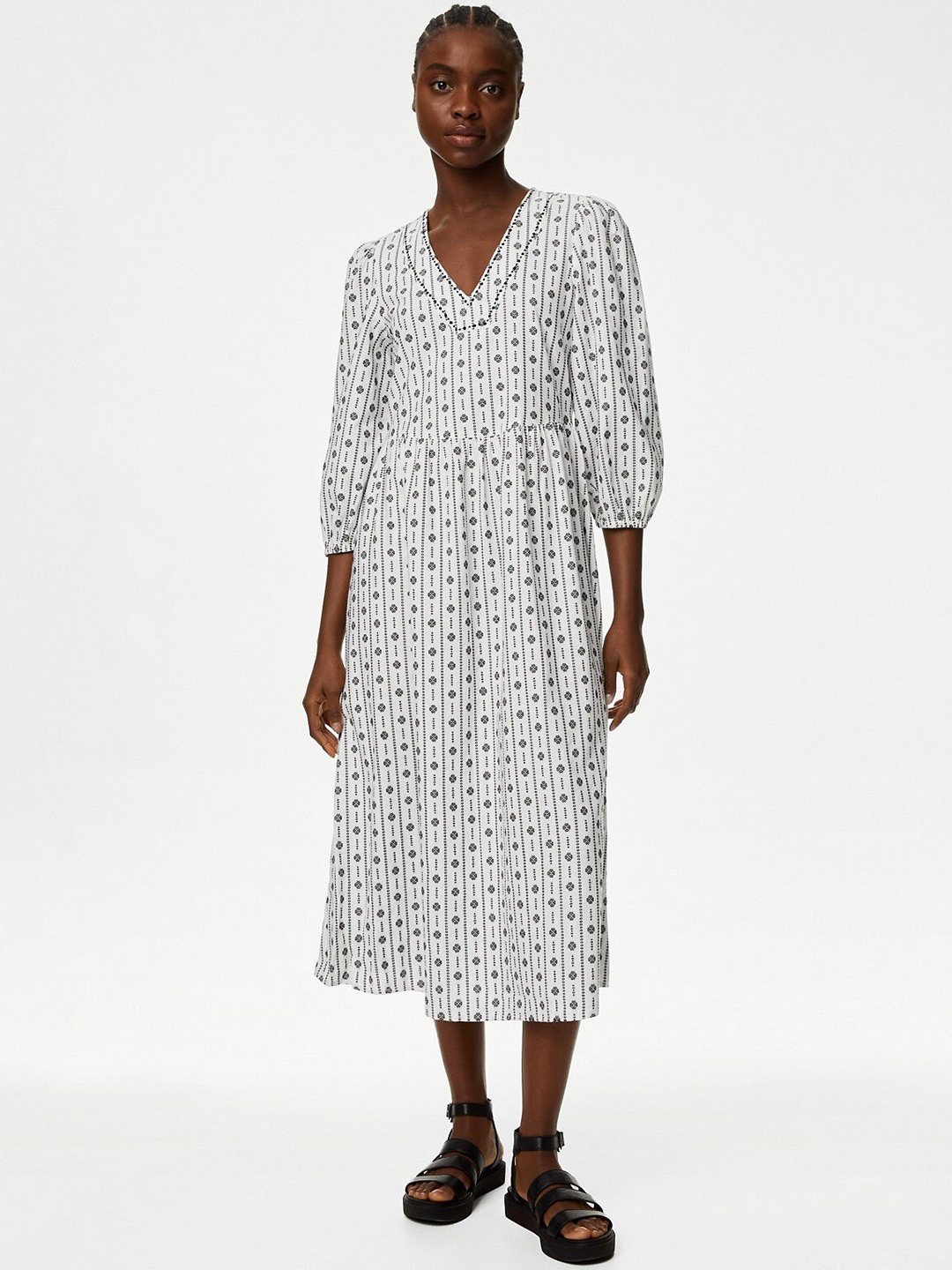 

Marks & Spencer Polka Dot Printed Cotton V-Neck Puff Sleeves Fit & Flare Midi Dress, White