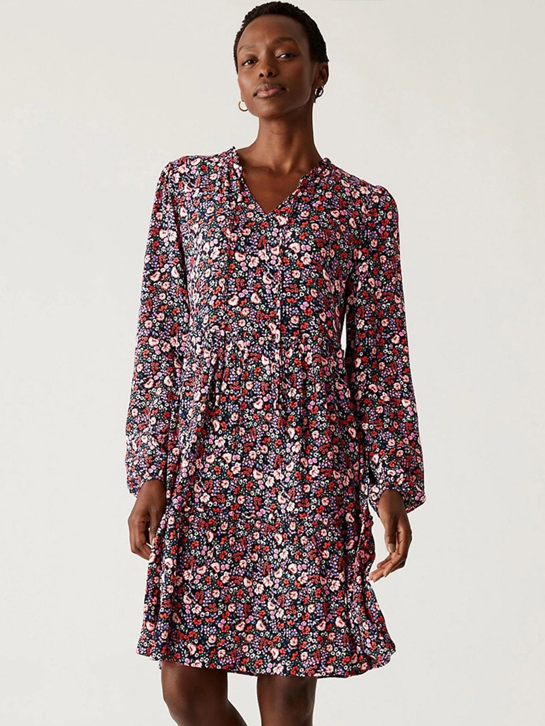 

Marks & Spencer Floral Printed Cuffed Sleeves A-Line Dress, Black