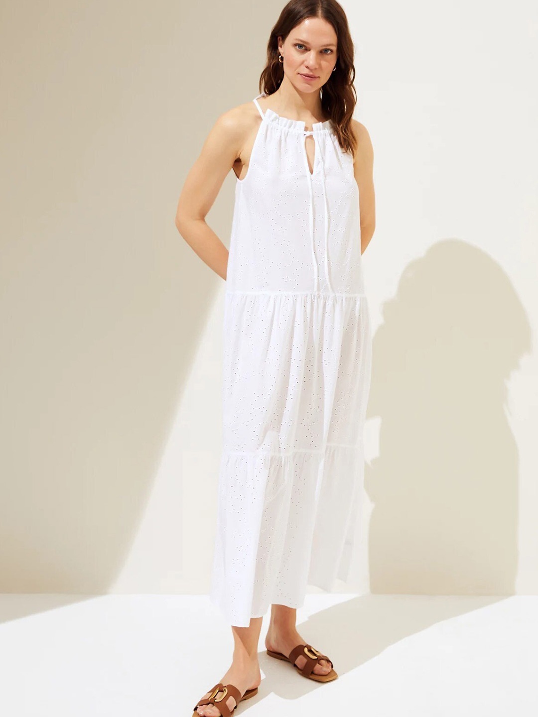 

Marks & Spencer Self Design Pure Cotton A-Line Dress With Tie-Ups, White