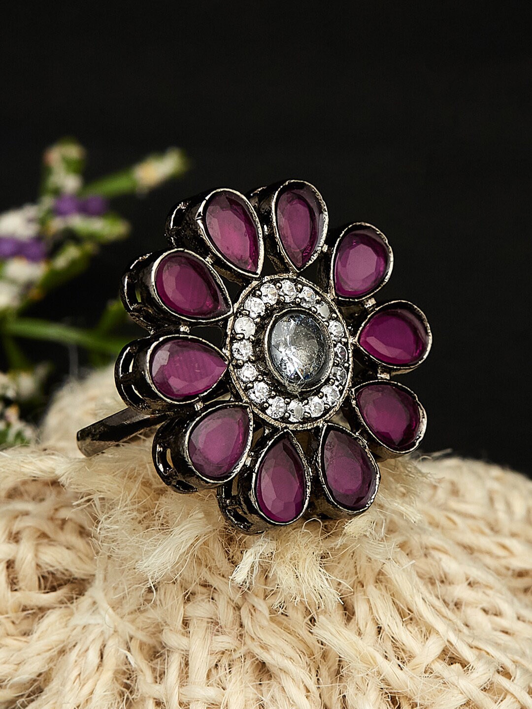 

ATIBELLE Silver-Plated American Diamond Studded Adjustable Finger Ring