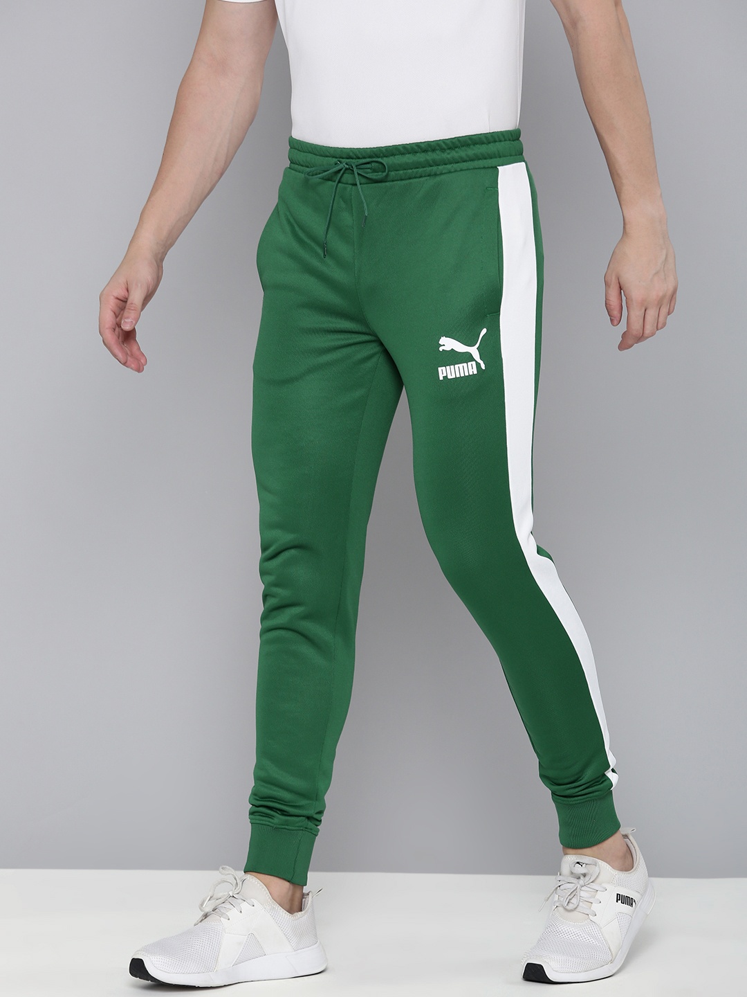 

Puma Men Brand Logo Printed Slim Fit T7 Iconic Sustainable Joggers With Side Stripes, Green