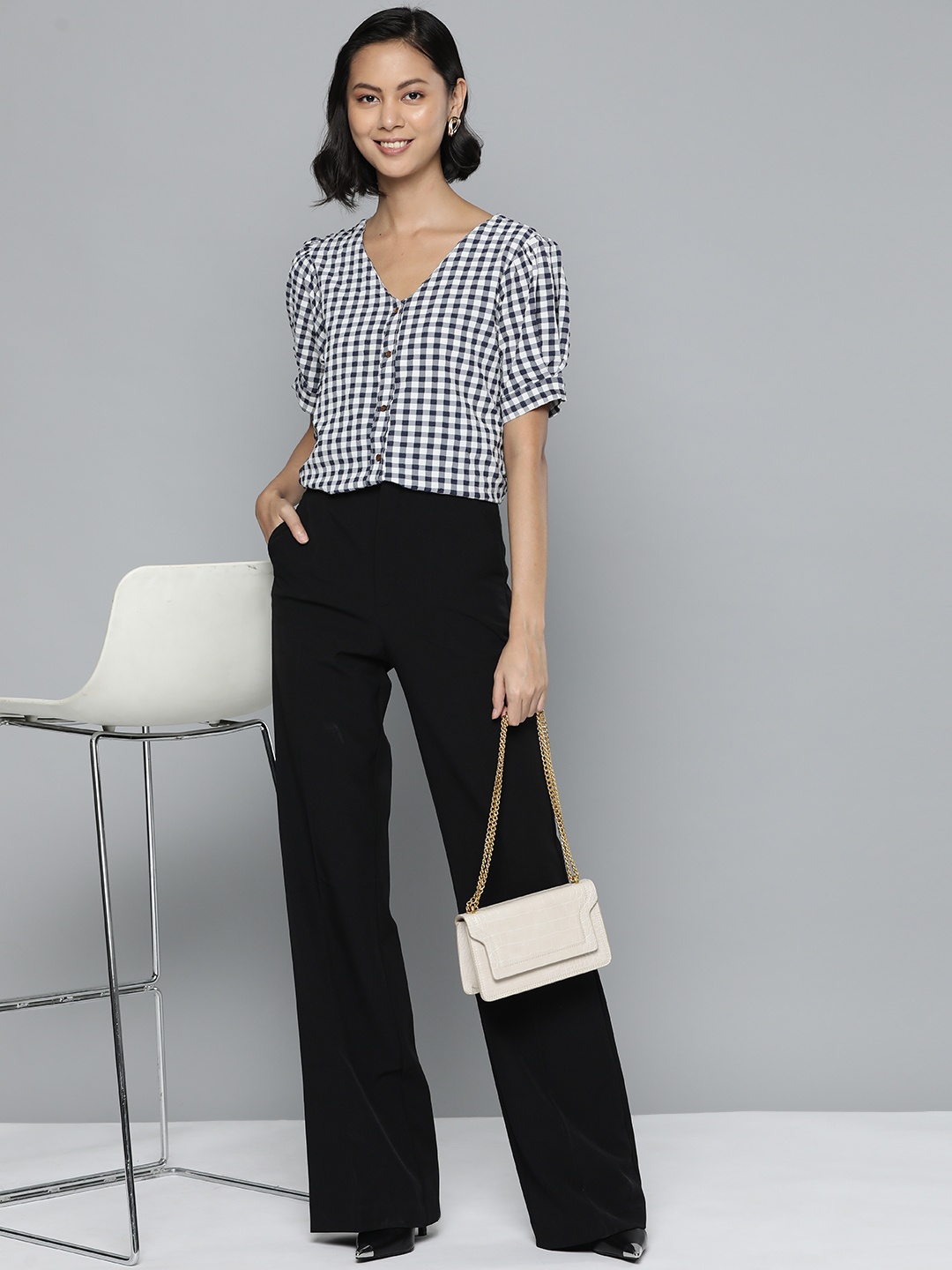 

HERE&NOW Checked Puff Sleeve Top, Black