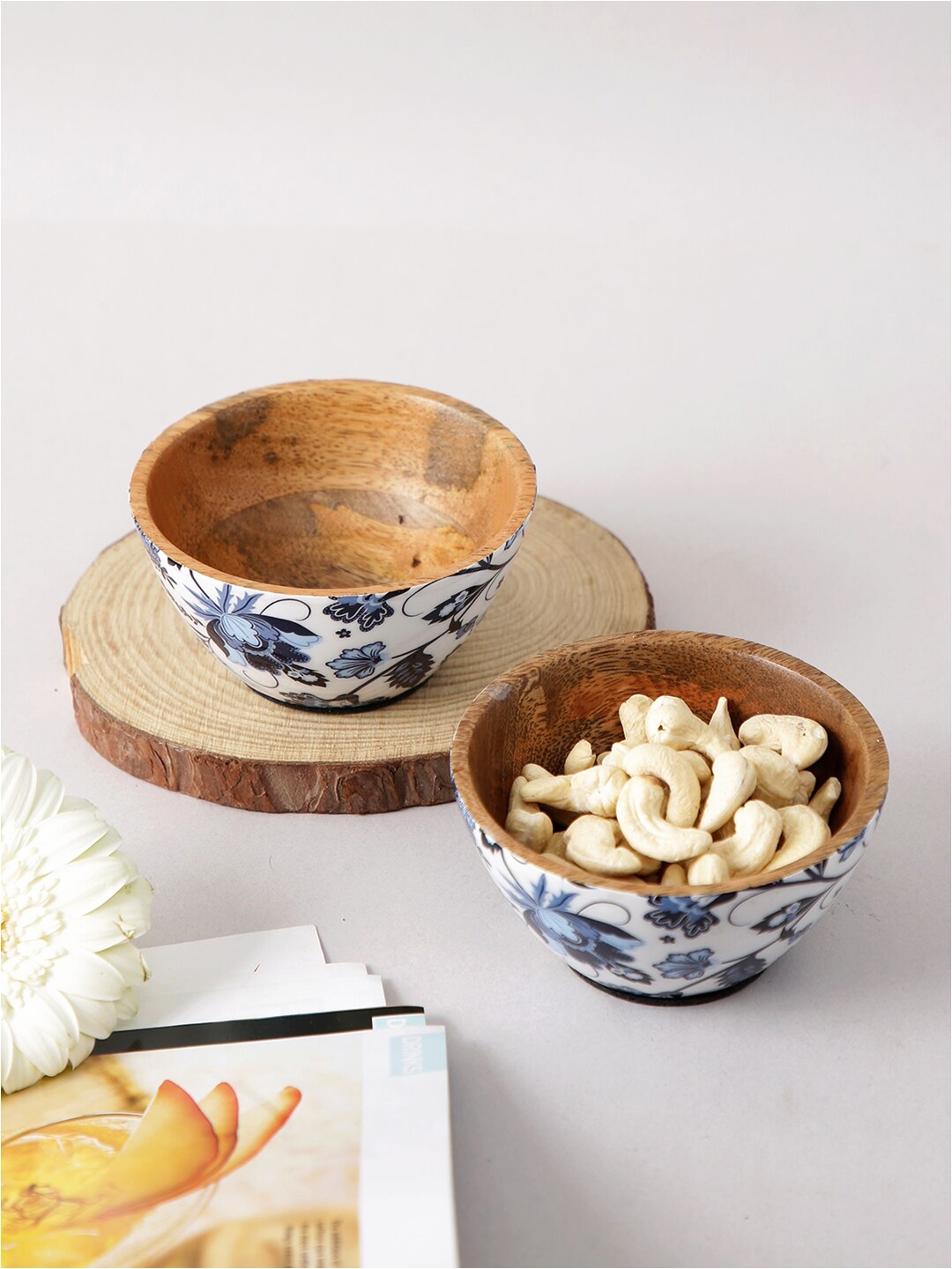 

Aapno Rajasthan White & Blue 2 Pieces Printed Wood Serving Bowl with Enamel Coating
