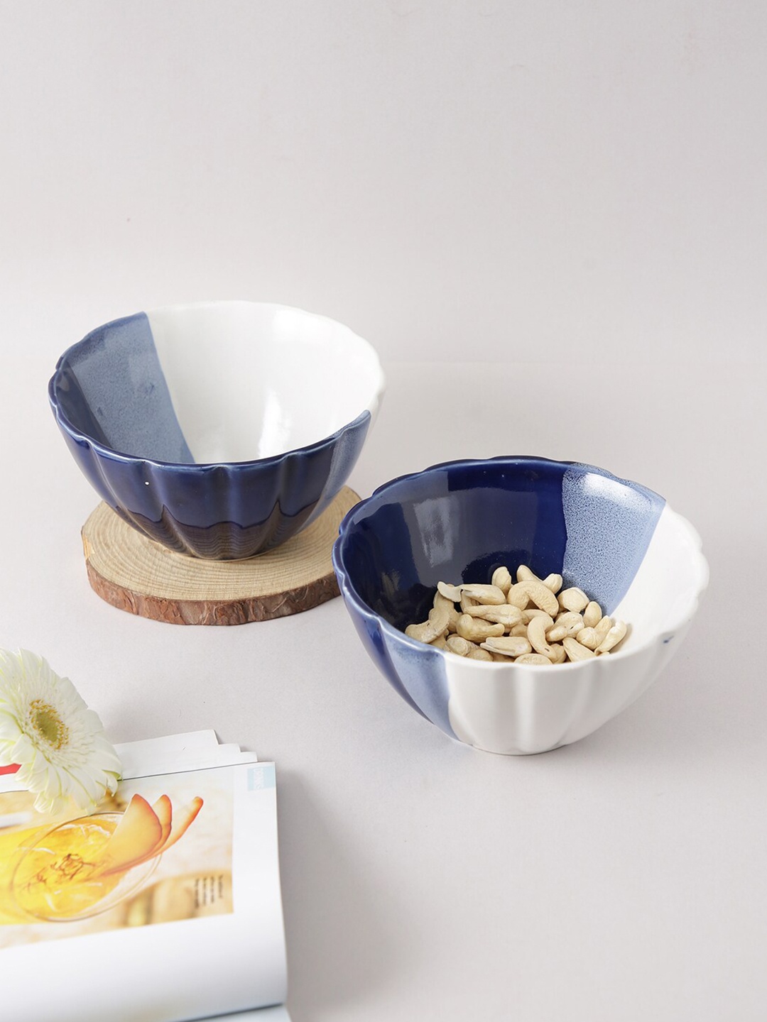 

Aapno Rajasthan Blue & White 2 Pieces Textured Ceramic Glossy Bowls