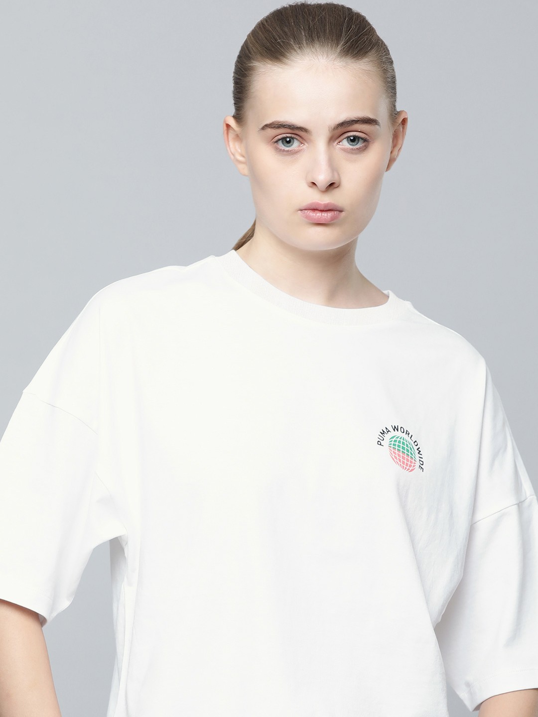 

Puma Women White Pure Cotton Oversized Worldwide Graphic WoUnisex Outdoor T-shirt