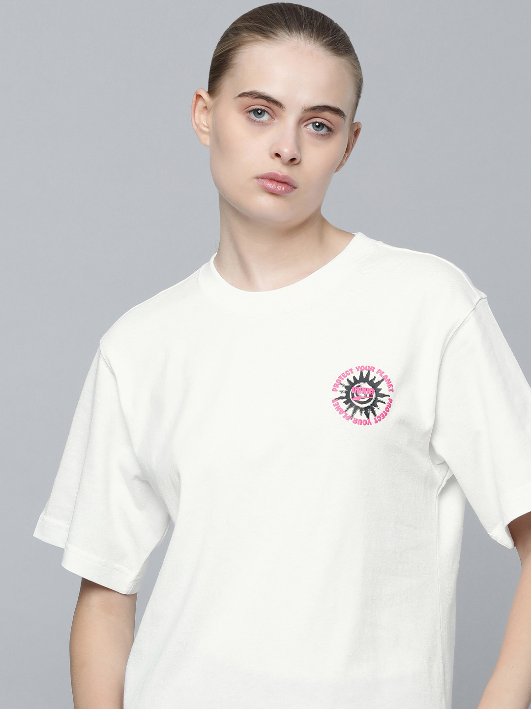 

Puma Women Pure Cotton Printed Relaxed Fit Drop Shoulders T-shirt, White