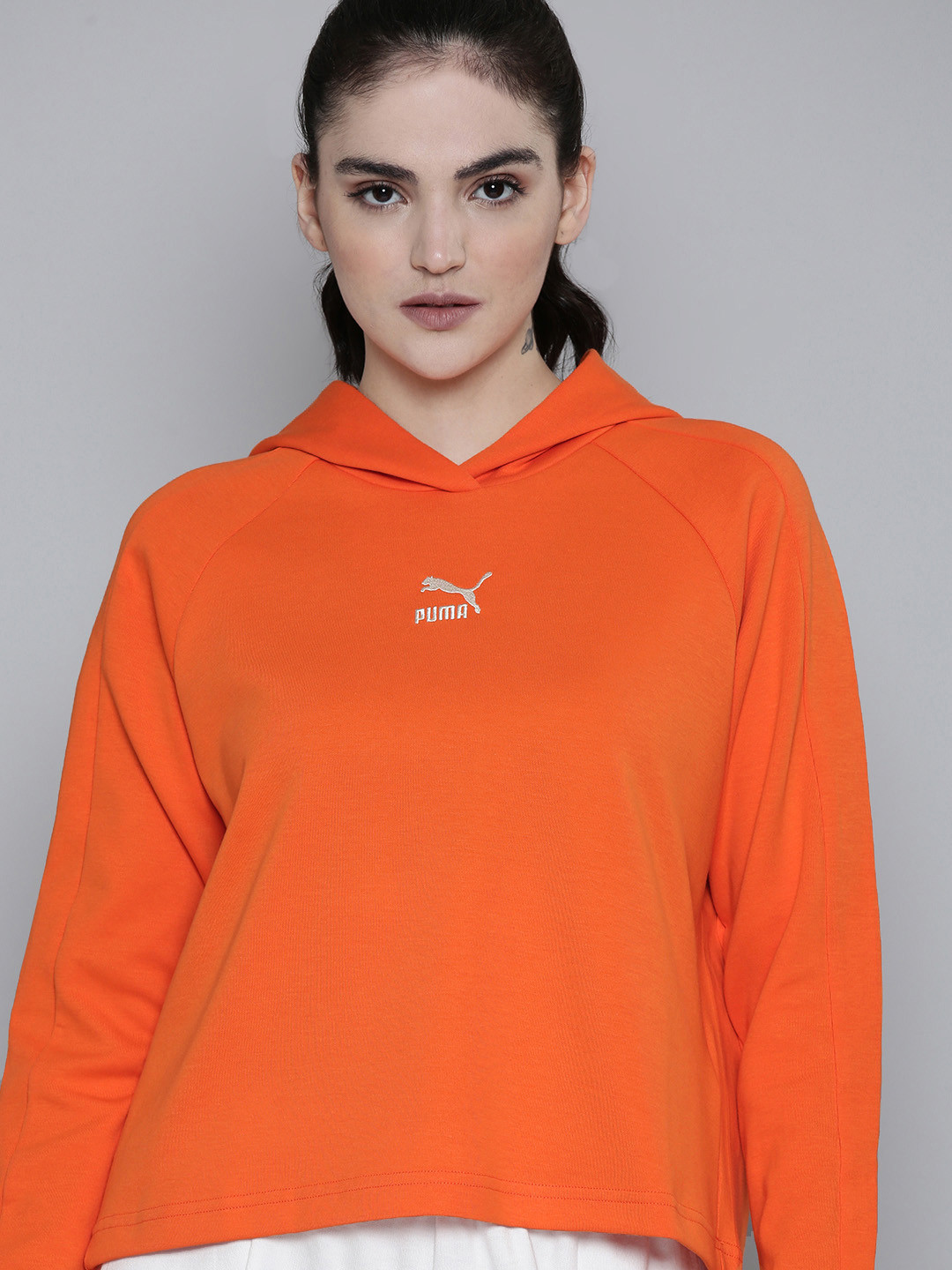 

Puma Women T7 Brand Logo Printed Cotton Hooded Sweatshirt, Orange
