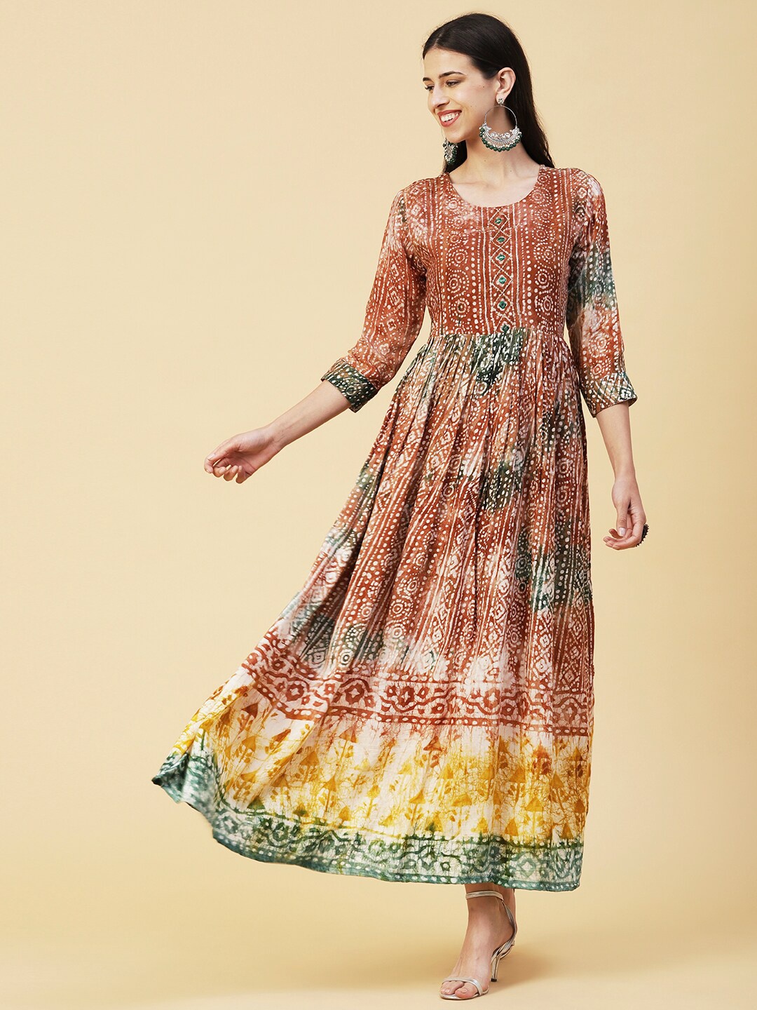 

FASHOR Ethnic Motifs Printed Fit & Flare Maxi Ethnic Dress, Brown