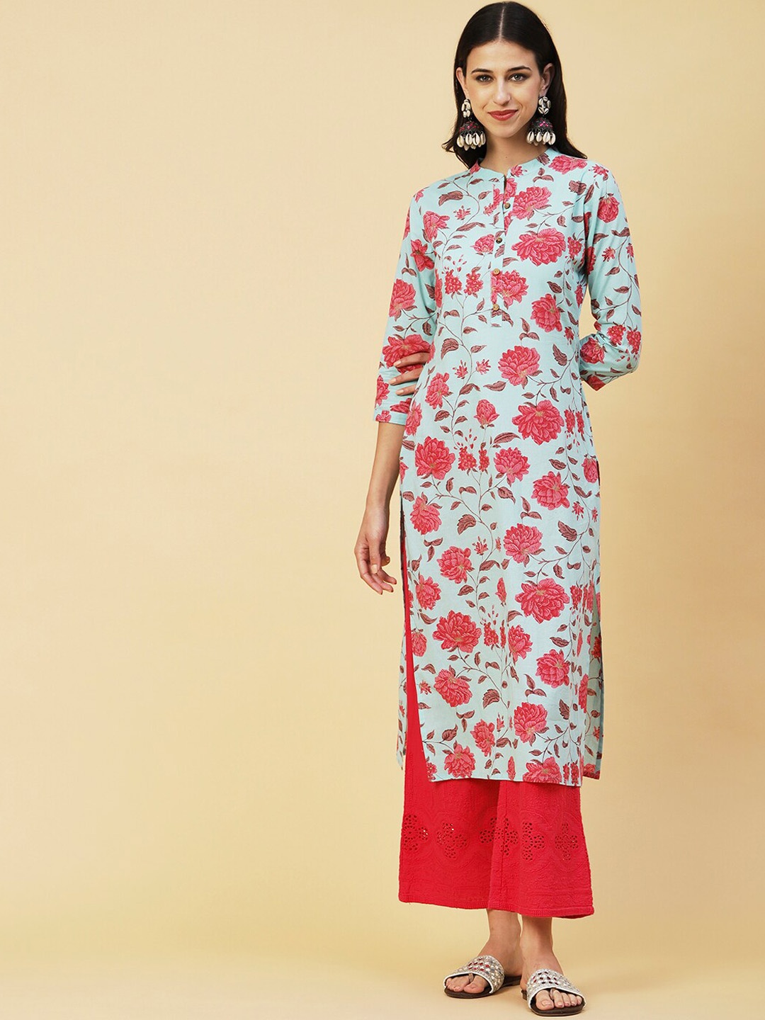 

FASHOR Blue & Pink Floral Printed Mandarin Collar Kurta