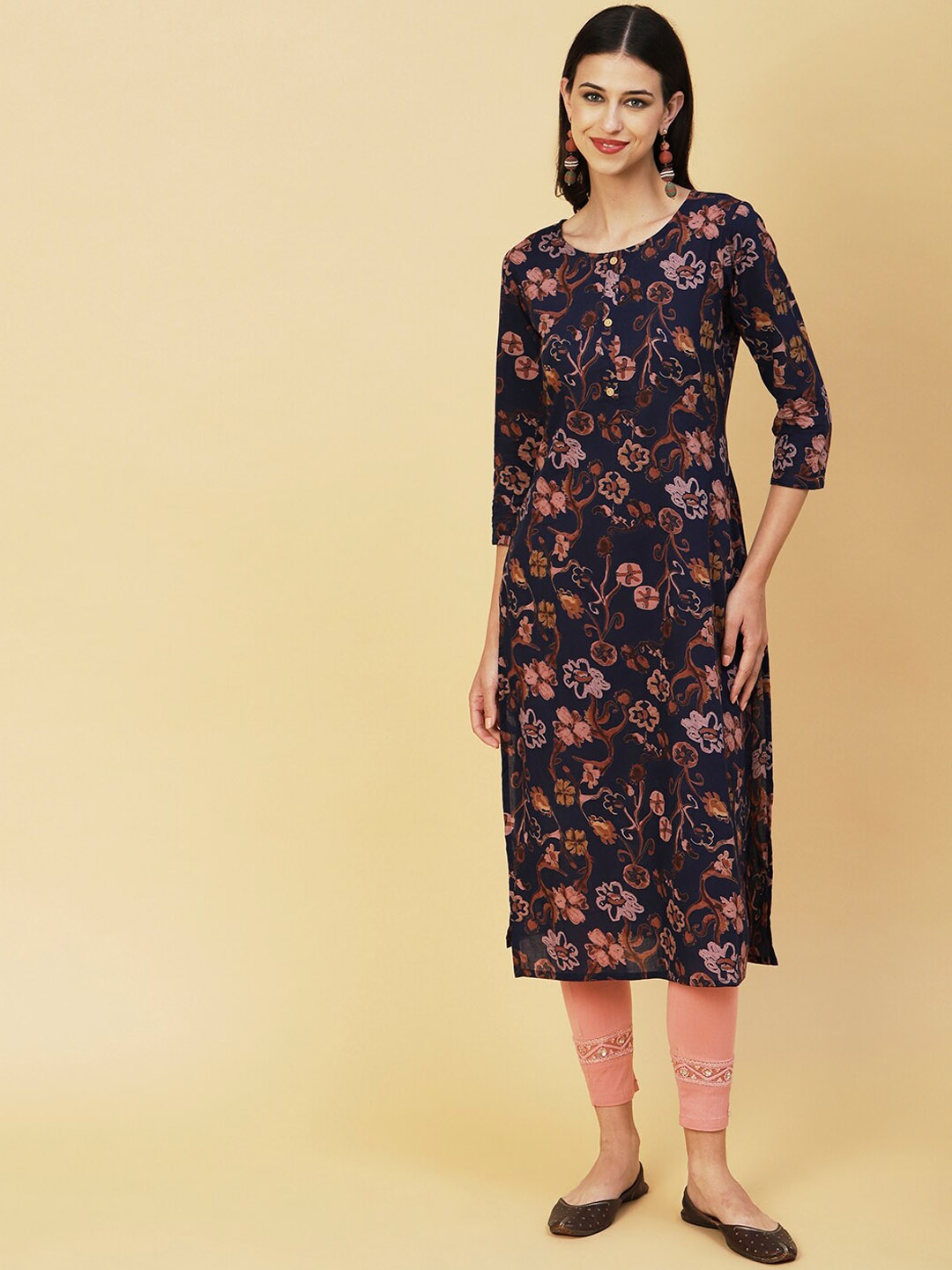 

FASHOR Navy Blue & Peach Ethnic Motifs Printed Pure Cotton Kurta