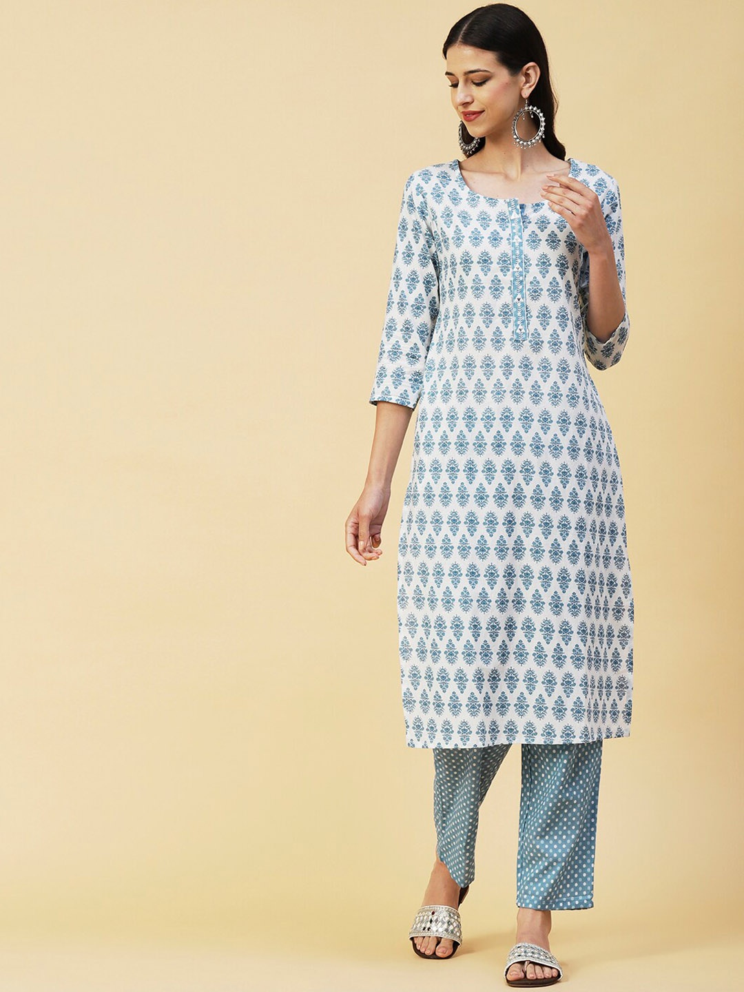 

FASHOR White & Blue Ethnic Motifs Printed Mirror Work Pure Cotton Kurta with Trousers