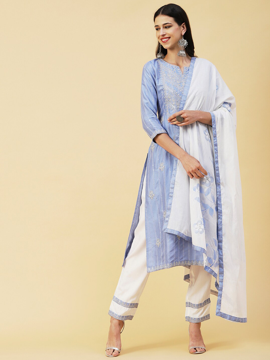 

FASHOR Blue & White Floral Embroidered Sequined Kurta with Trousers & Dupatta