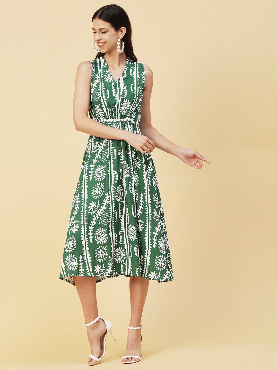 

FASHOR Floral Printed V-Neck Fit & Flare Midi Dress, Green