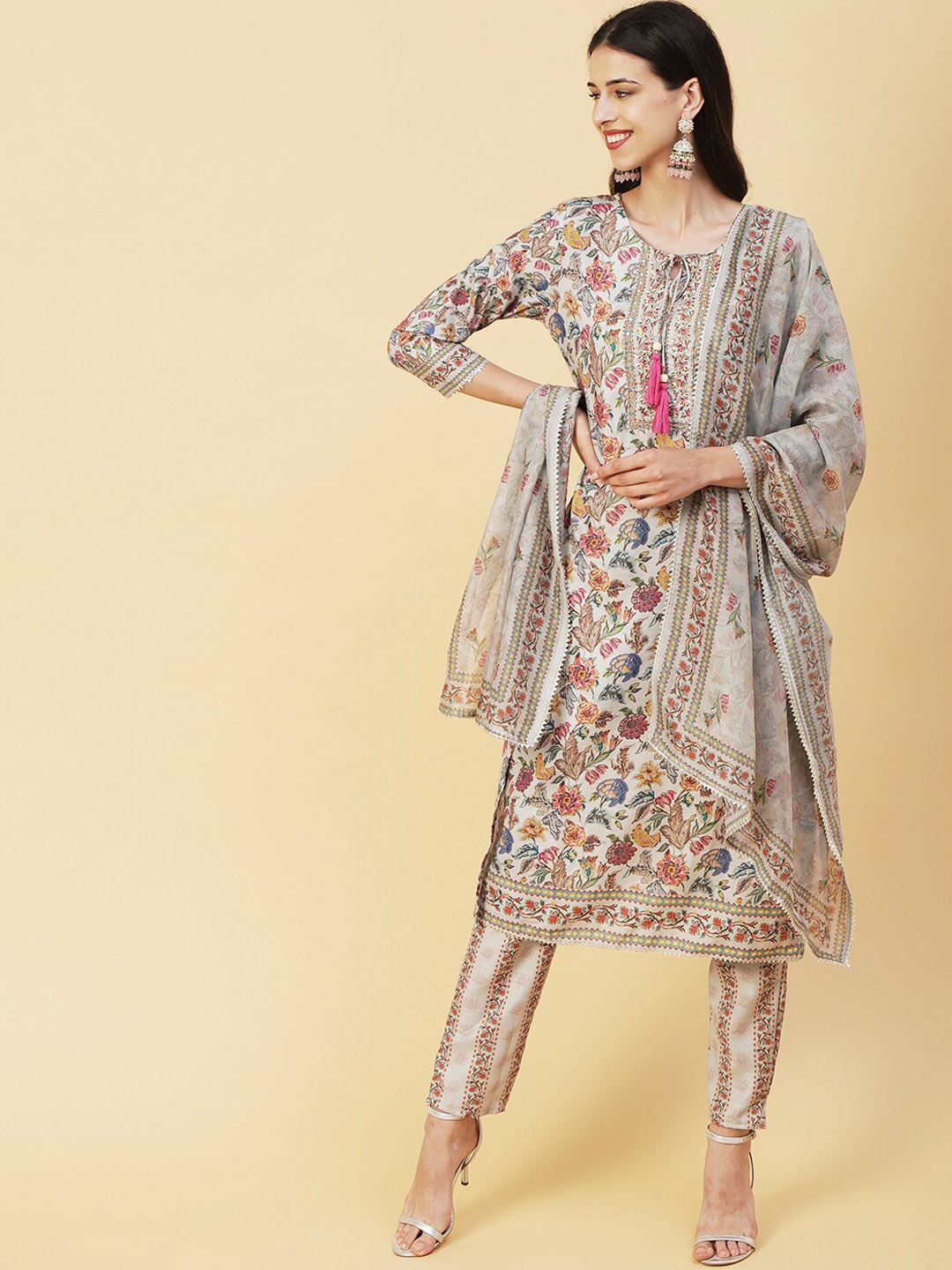

FASHOR Beige & Blue Floral Printed Regular Sequined Linen Kurta with Trousers & Dupatta