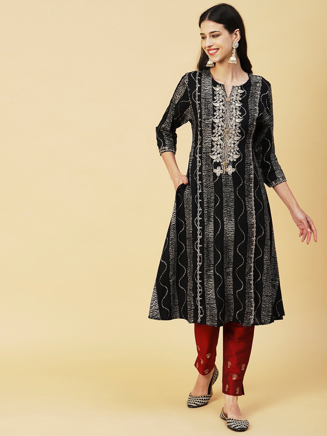 

FASHOR Black & Beige Striped Notched Neck Thread Work A-Line Kurta
