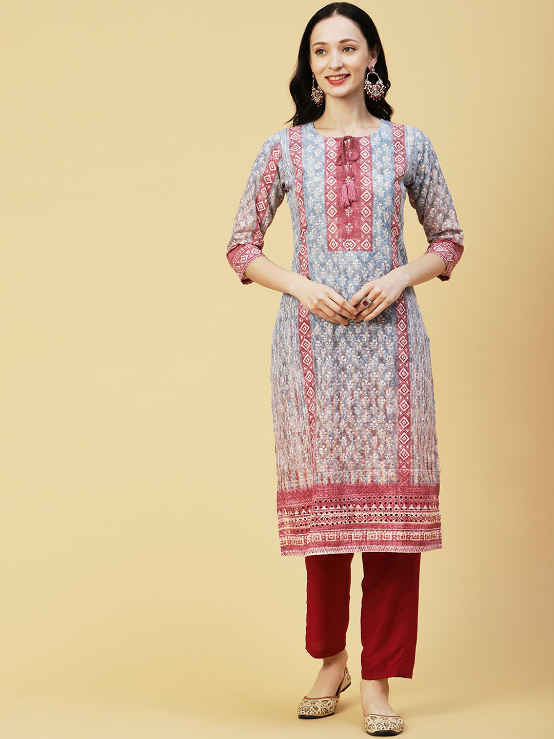 

FASHOR Blue & Red Ethnic Motifs Printed Chikankari Kurta