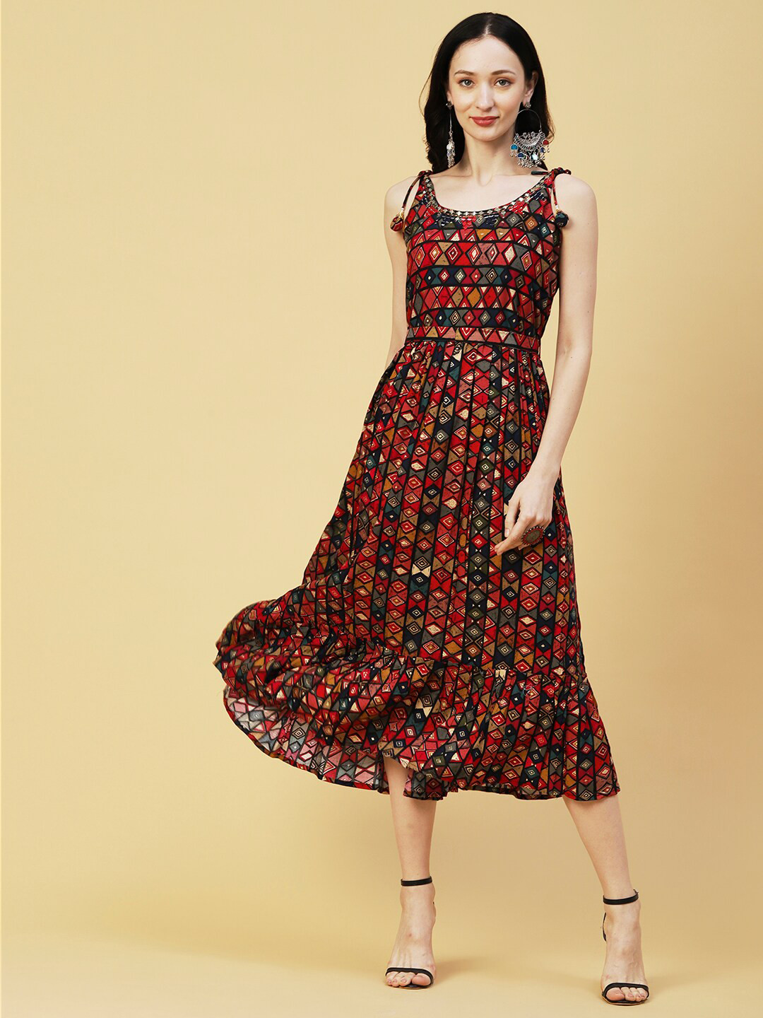 

FASHOR Geometric Printed Fit & Flare Midi Ethnic Dress With Belt, Red
