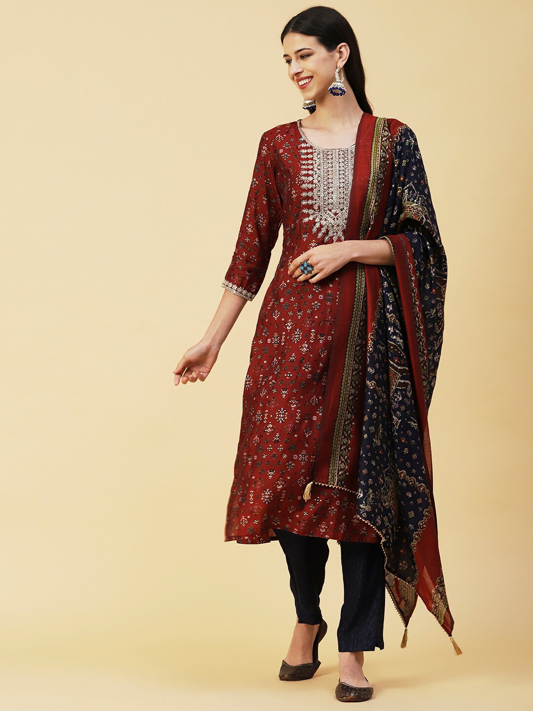 

FASHOR Navy Blue & Maroon Printed Zari Work Kurta with Trousers & Dupatta