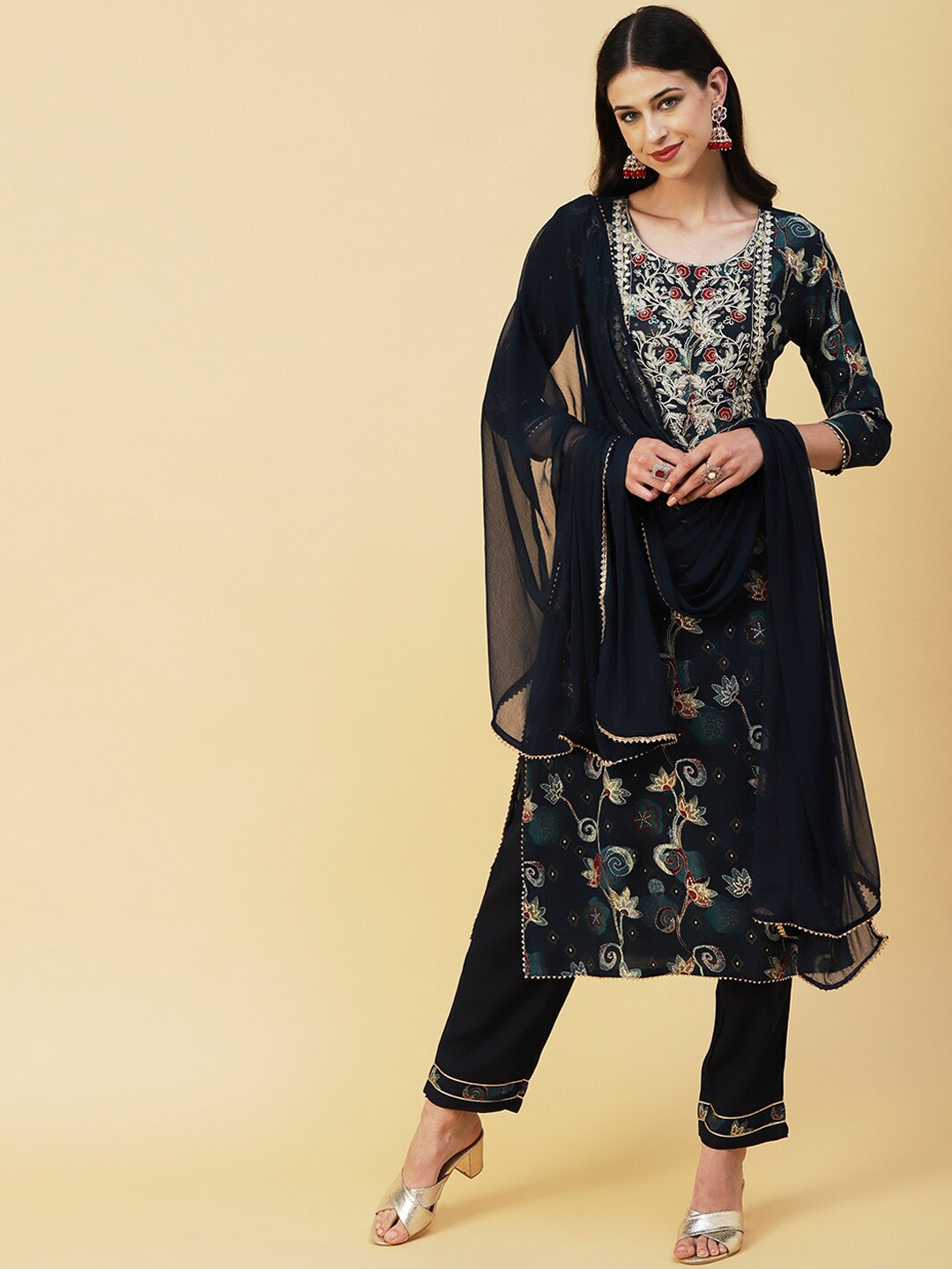 

FASHOR Floral Printed Zari Work Kurta with Trousers & Dupatta, Teal