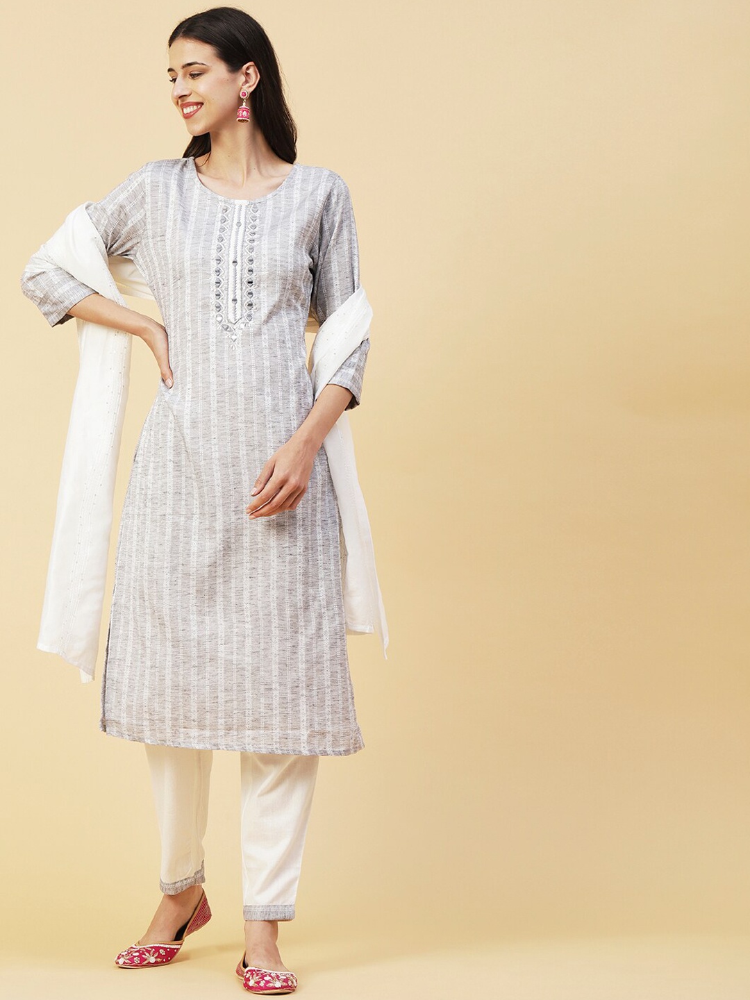 

FASHOR Grey Melange & Off-White Striped Mirror Work Kurta with Trousers & Dupatta