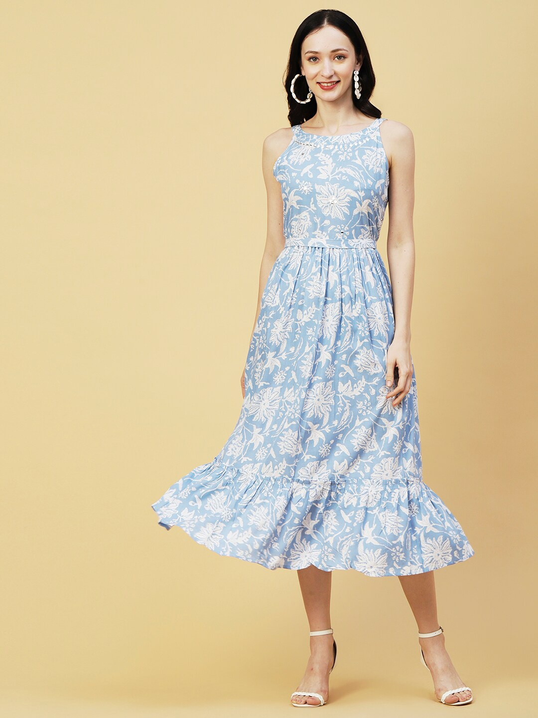 

FASHOR Floral Printed Fit & Flare Midi Dress With Belt, Blue