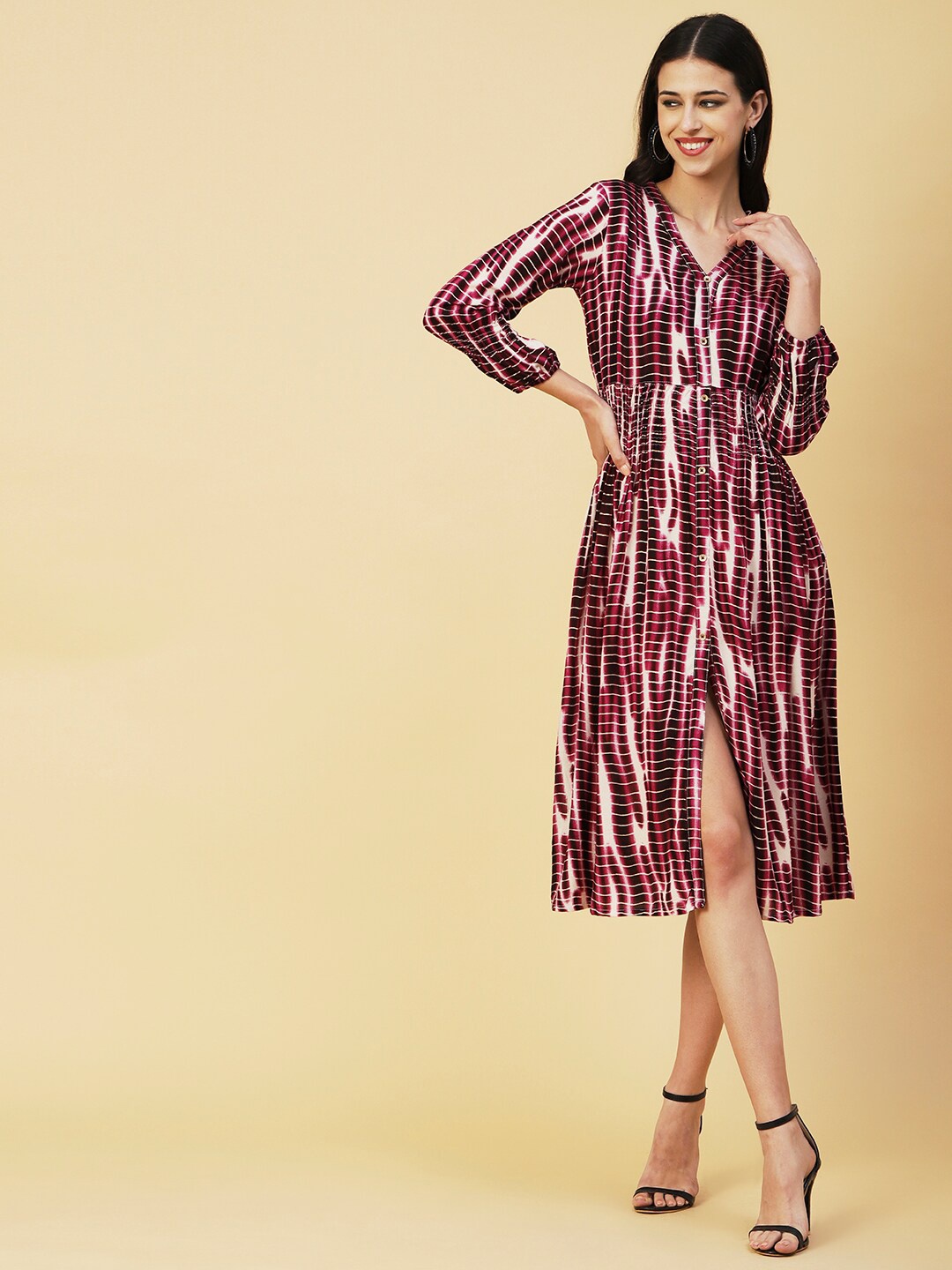 

FASHOR Tie & Dyed V-Neck Smocked Fit & Flare Midi Dress, Maroon