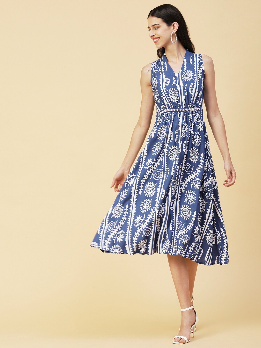 

FASHOR Floral Printed V-Neck Fit & Flare Midi Dress, Blue