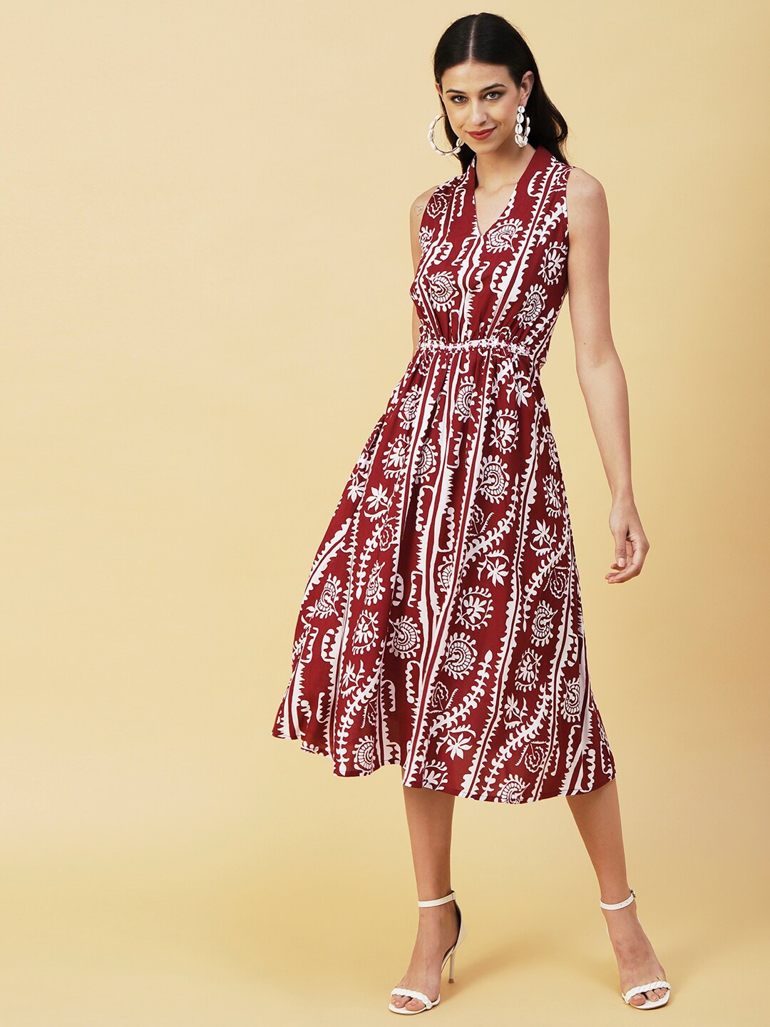 

FASHOR Floral Printed V-Neck Fit & Flare Midi Dress, Maroon