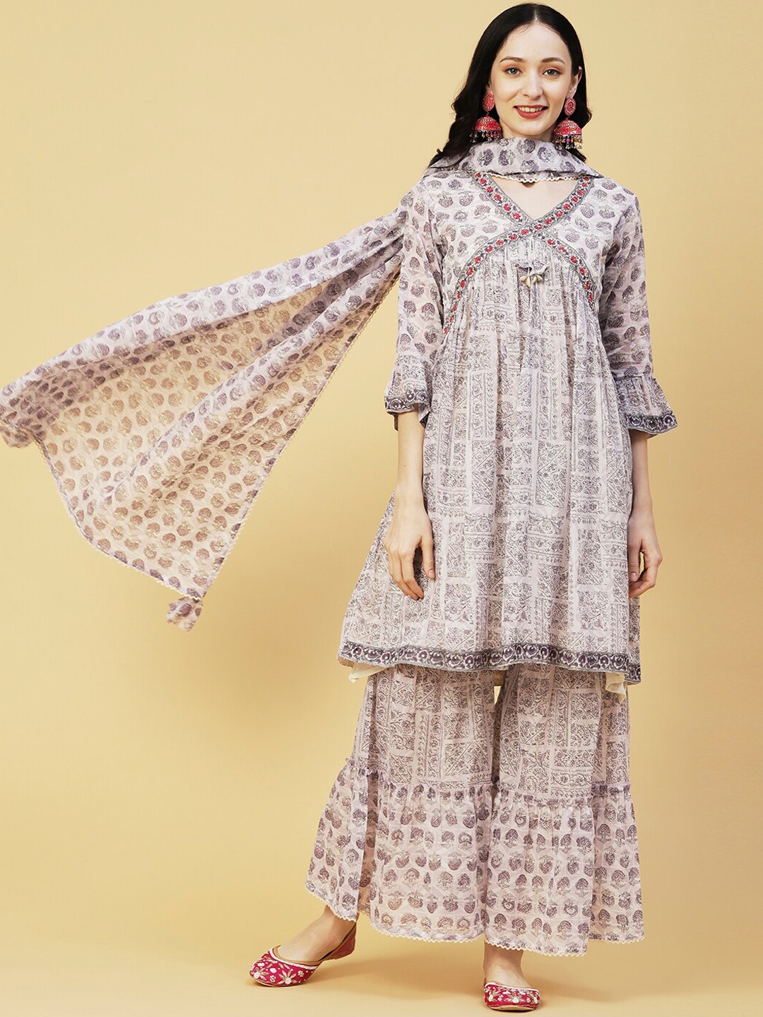 

FASHOR Ethnic Motifs Printed Beads and Stones Pure Cotton Kurta with Sharara & Dupatta, Off white