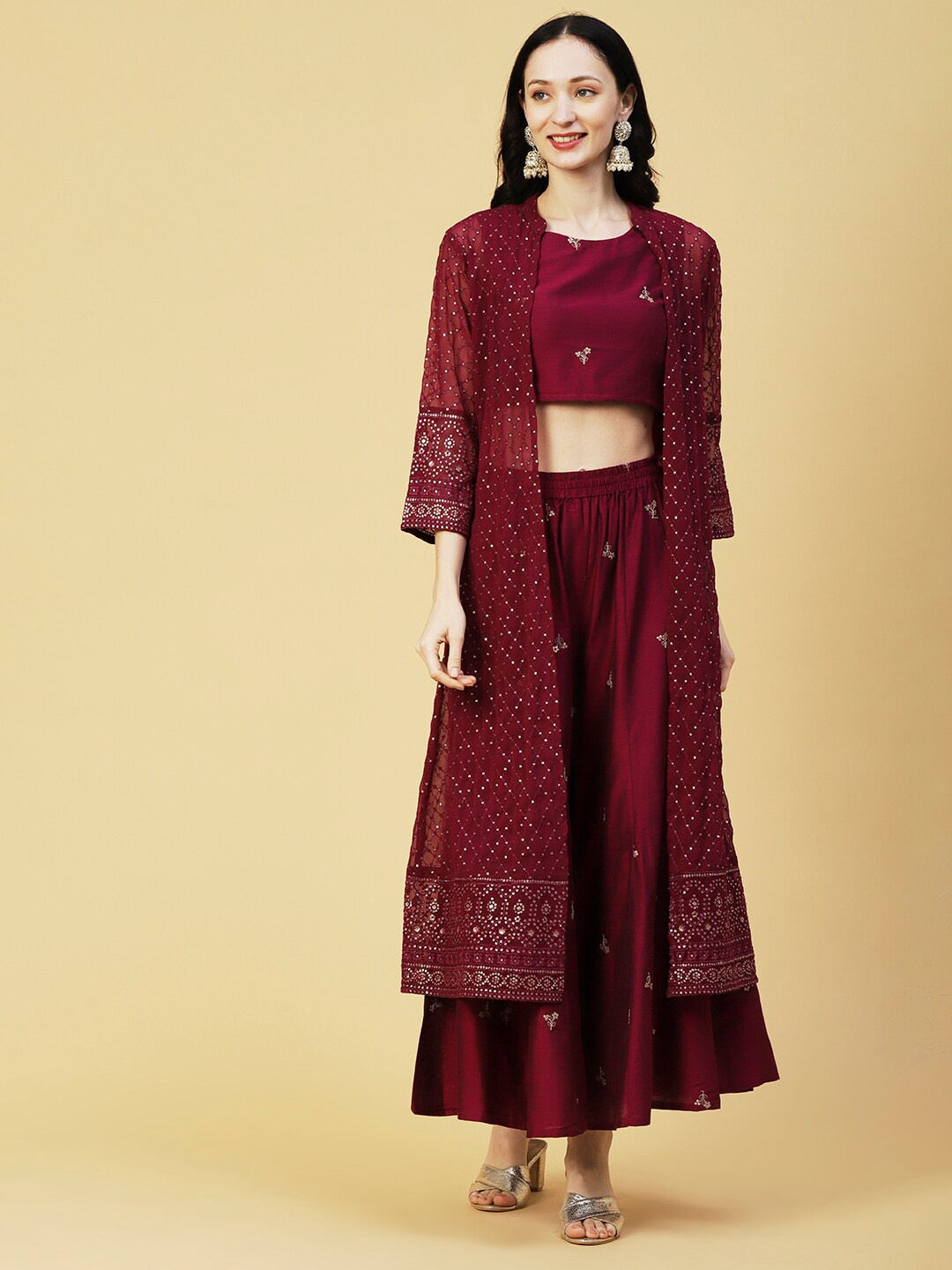 

FASHOR Floral Embroidered Sequined Top with Palazzos & Shrug, Maroon