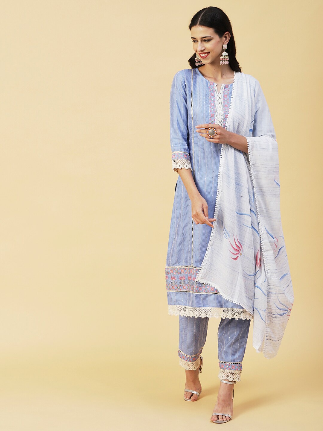 

FASHOR Blue & White Floral Embroidered Sequined Kurta with Trousers & Dupatta