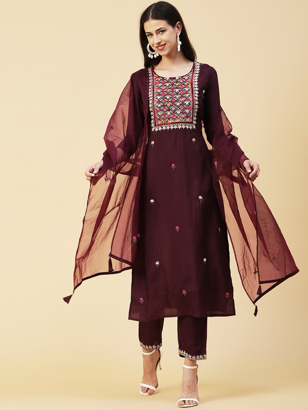 

FASHOR Maroon Ethnic Motifs Embroidered Mirror Work Kurta with Trousers & Dupatta