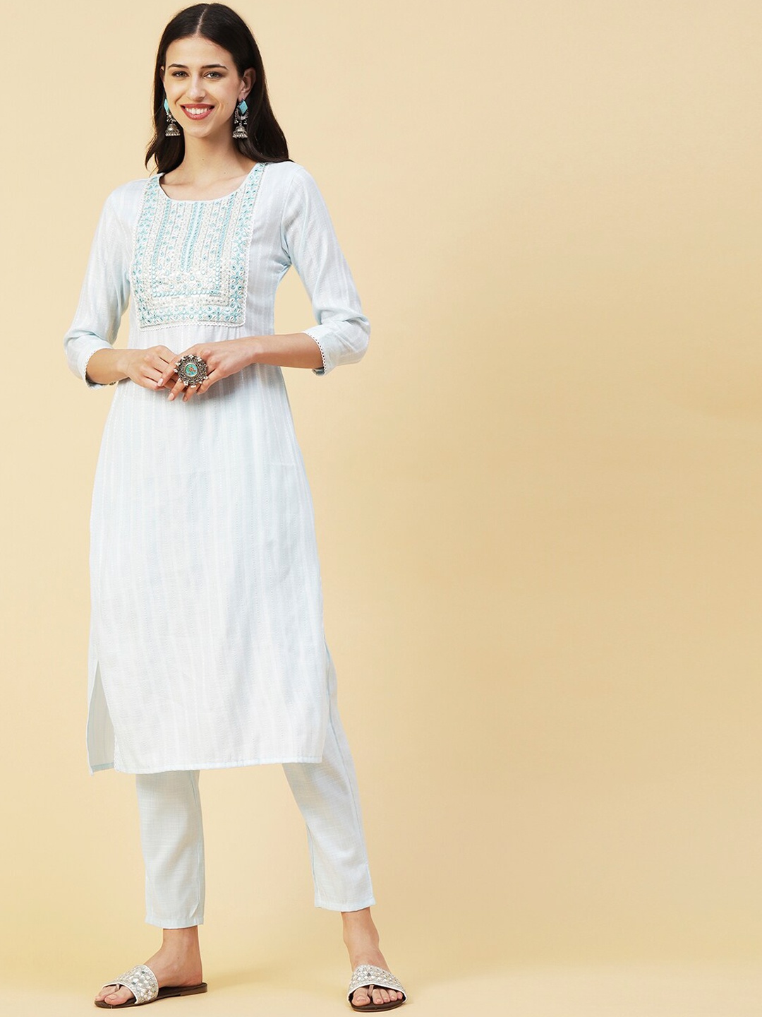 

FASHOR Blue Ethnic Motifs Embroidered Mirror Work Kurta with Trousers