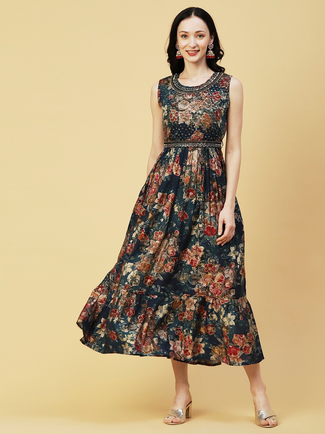 

FASHOR Floral Printed Embellished Fit & Flare Midi Ethnic Dress With Belt, Green