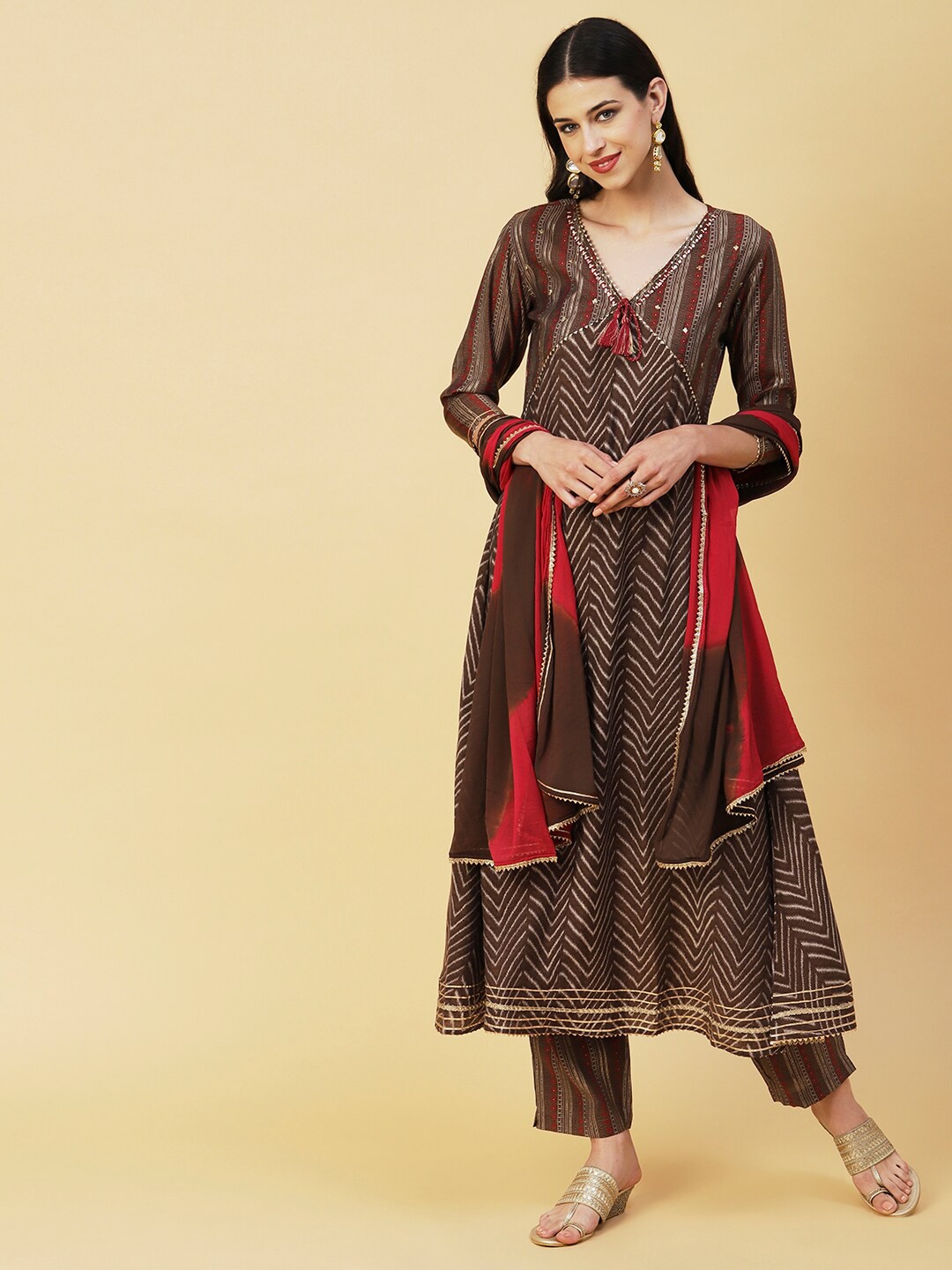 

FASHOR Brown & Red Chevron Printed Gotta Patti Kurta with Trousers & Dupatta