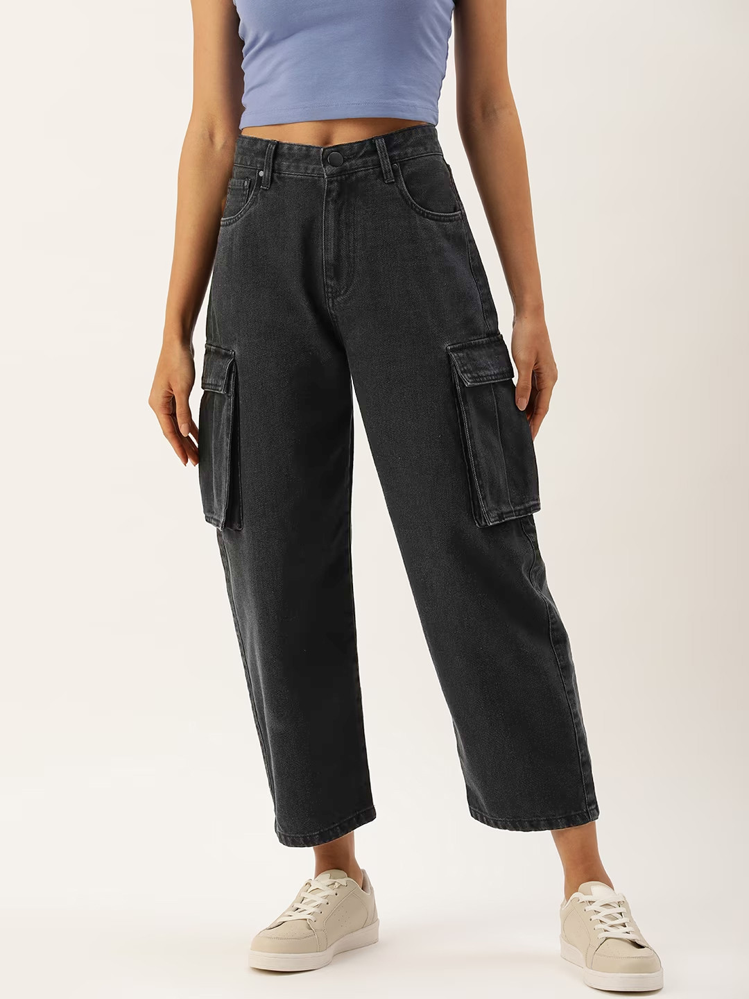 

Bene Kleed Women High Rise Balloon Fit Cotton Cargo Jeans, Charcoal