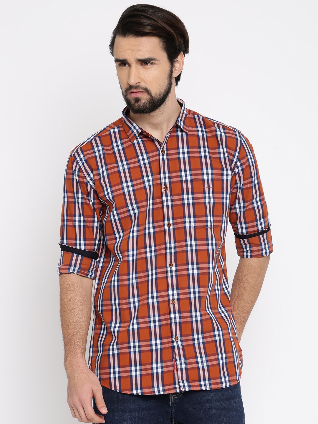 

Nature Casuals Men Brown & Blue Slim Fit Checked Casual Shirt, Rust