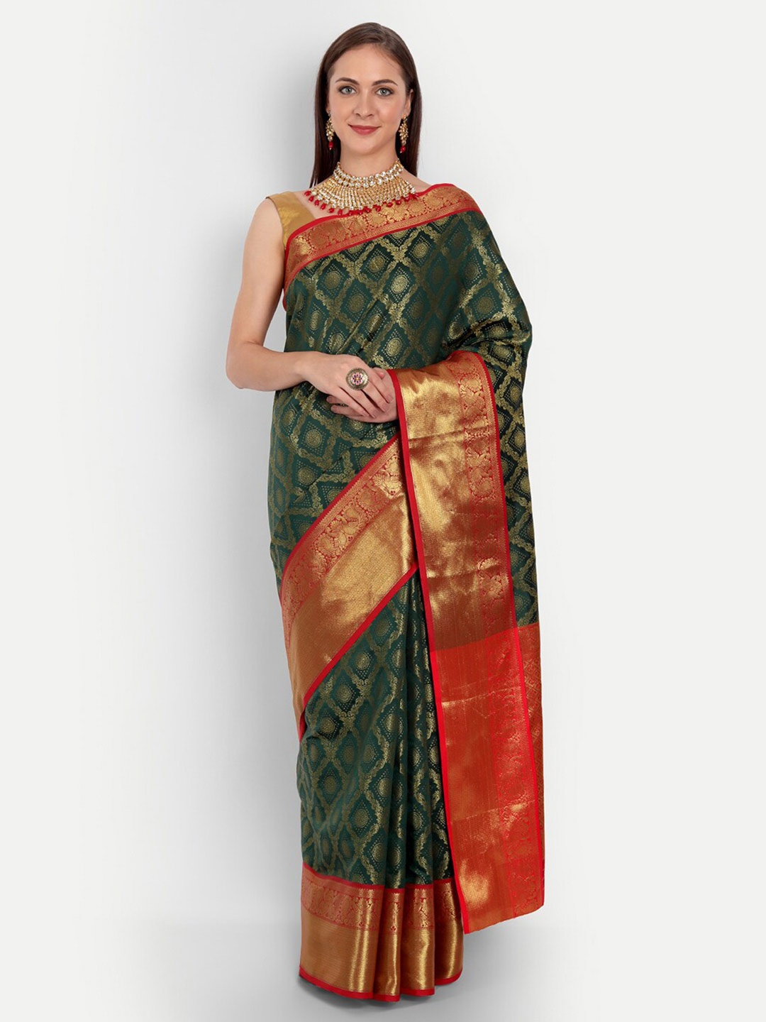 

AVANTIKA FASHION Ethnic Motifs Woven Design Zari Pure Silk Kanjeevaram Saree, Green