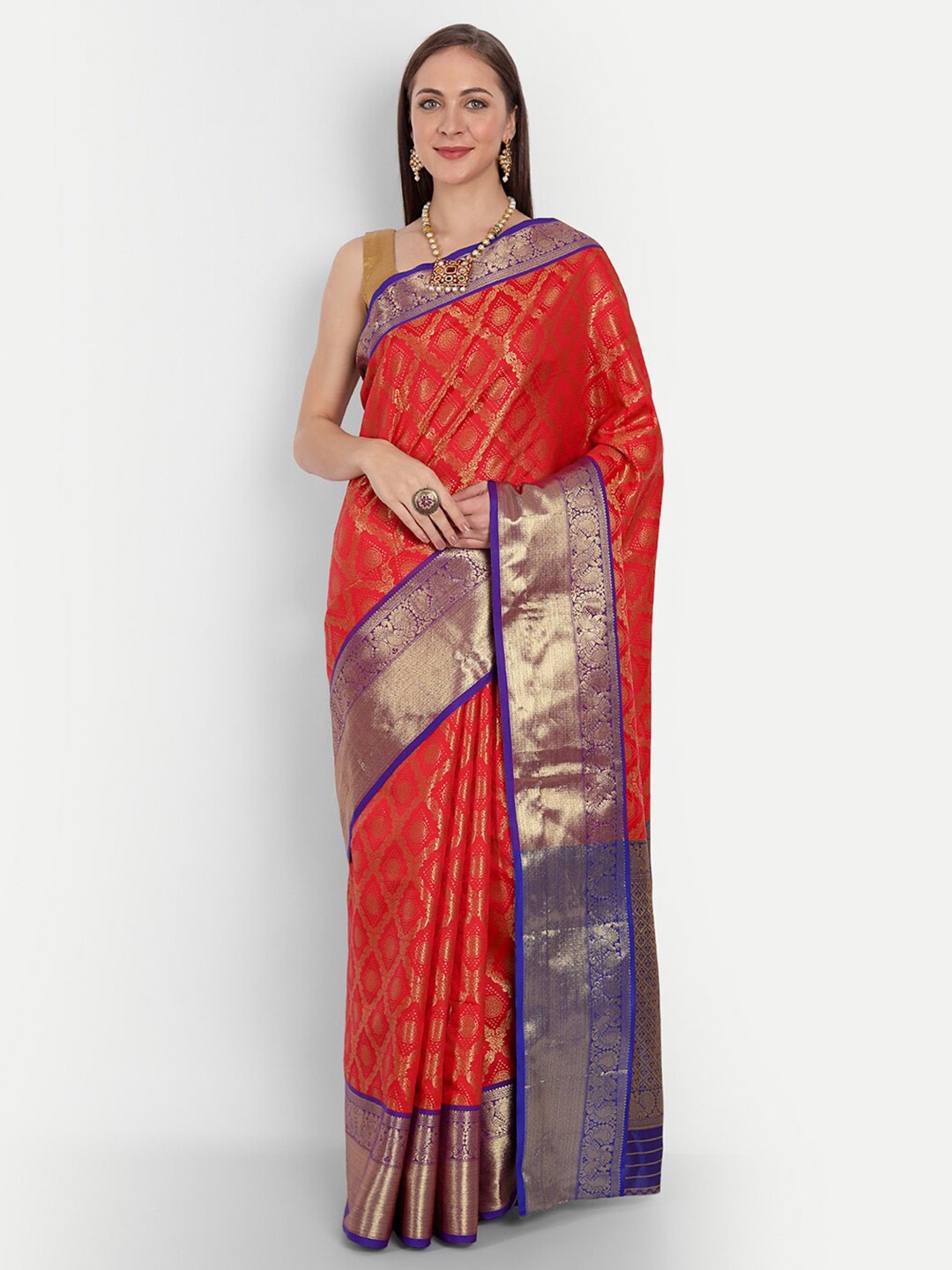 

AVANTIKA FASHION Ethnic Motifs Woven Design Zari Pure Silk Kanjeevaram Saree, Red