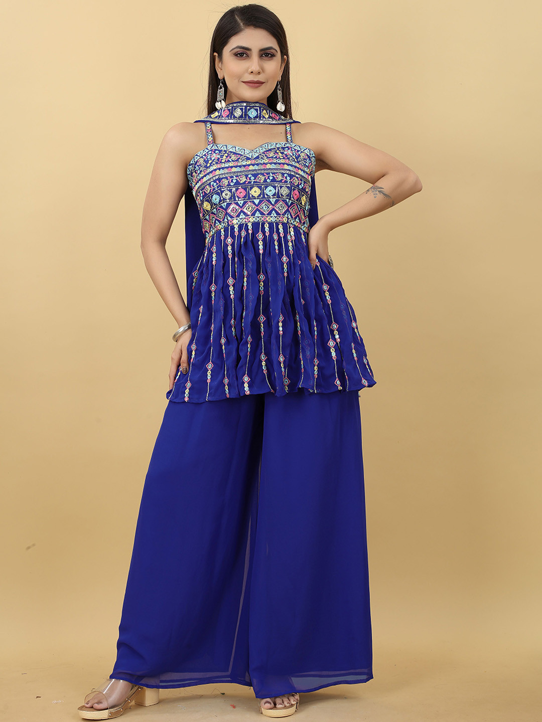 

YOYO Fashion Ethnic Motifs Embroidered Sequinned Kurta with Palazzos & With Dupatta, Blue