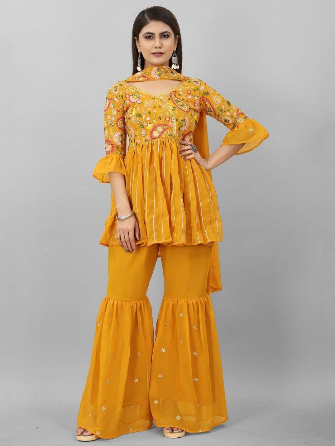 

YOYO Fashion Women Yellow Embroidered Regular Kurta with Sharara & With Dupatta