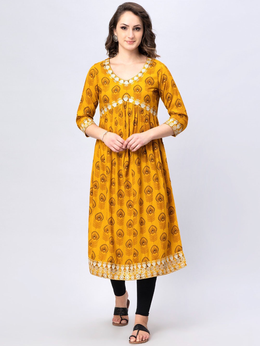 

KALINI Ethnic Motifs Printed Thread Work A-Line Kurta, Mustard