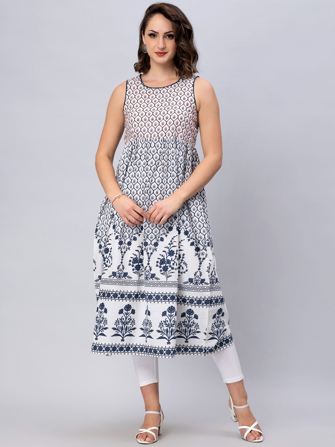 

KALINI Ethnic Motifs Printed Thread Work Pure Cotton A-Line Kurta, White