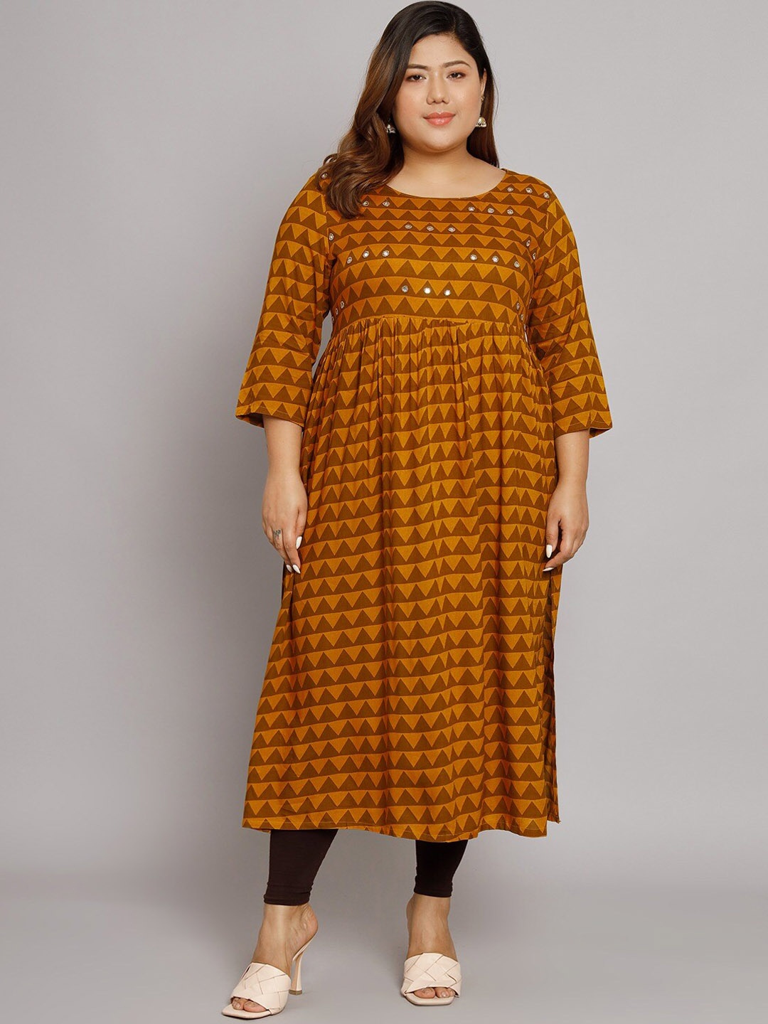 

KALINI Geometric Printed Mirror Work A-Line Kurta, Mustard