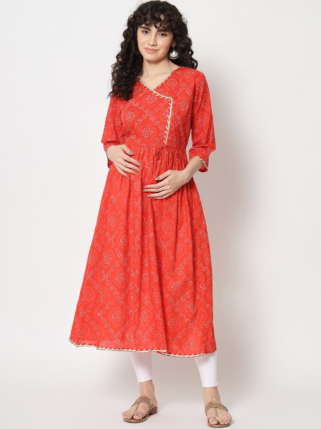 

Aujjessa Bandhani Printed Maternity Anarkali Pure Cotton Kurta, Red