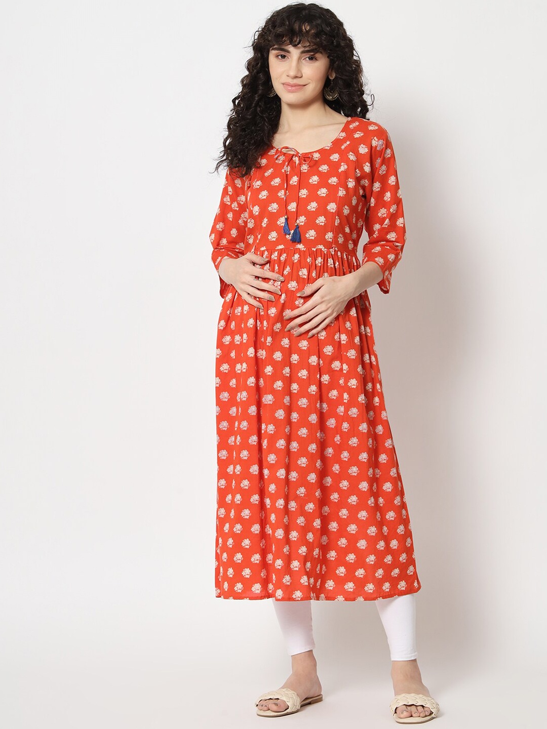 

Aujjessa Floral Printed Maternity A-Line Kurta, Orange